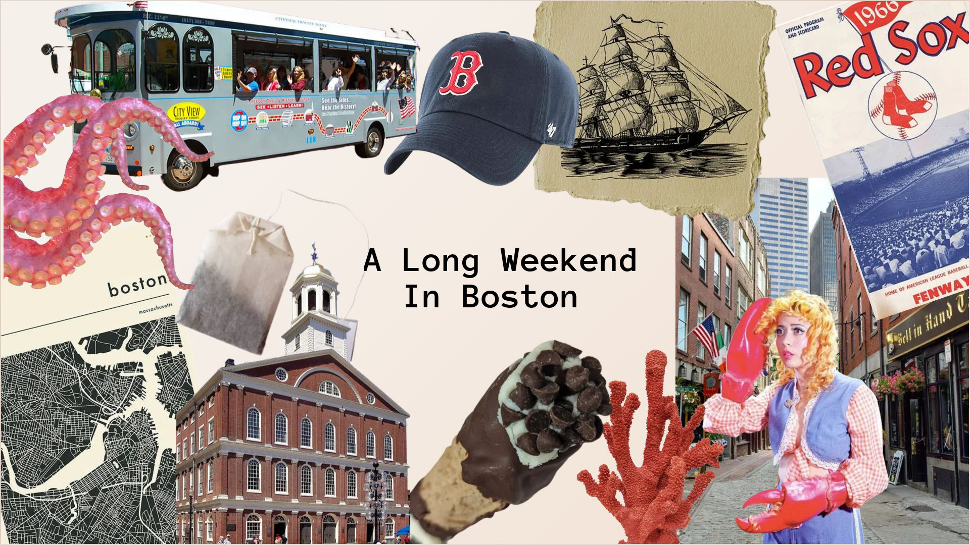 A collage showing various activities in a mood board for a weekend in Boston