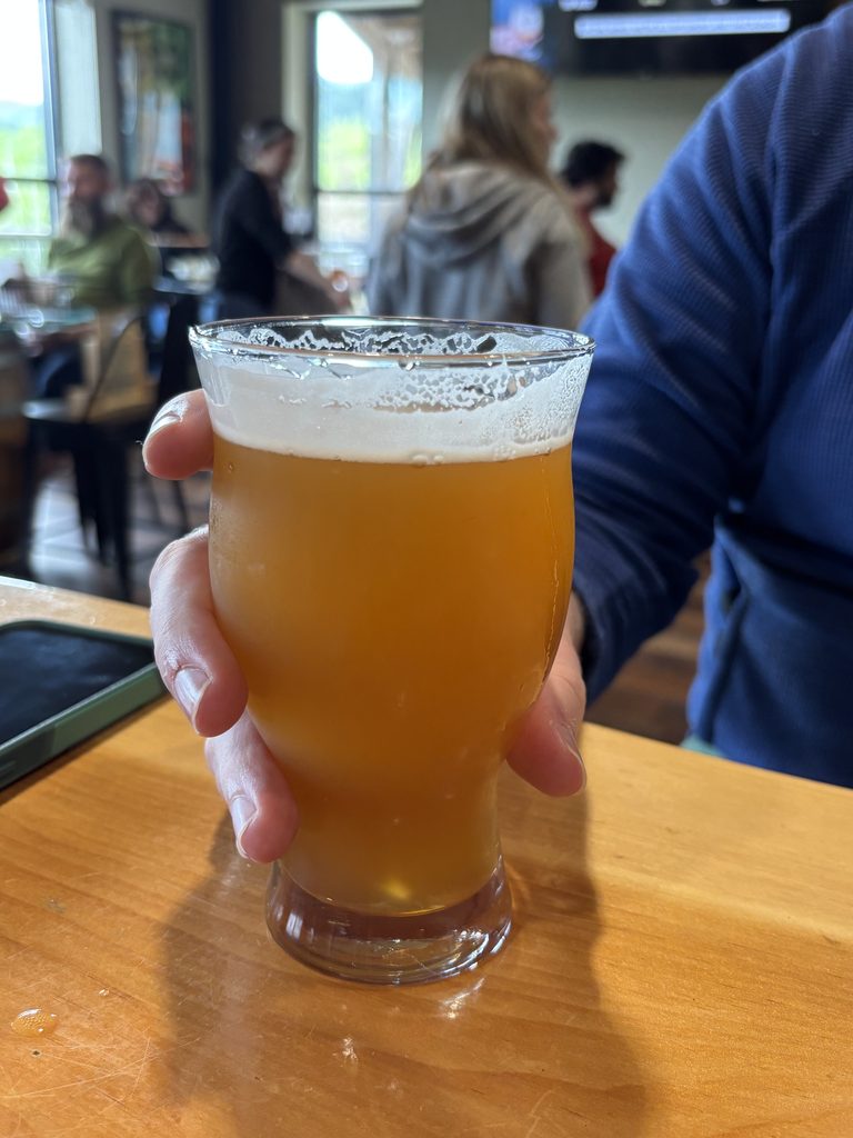A man's hand holds a pint of a light colored beer.
